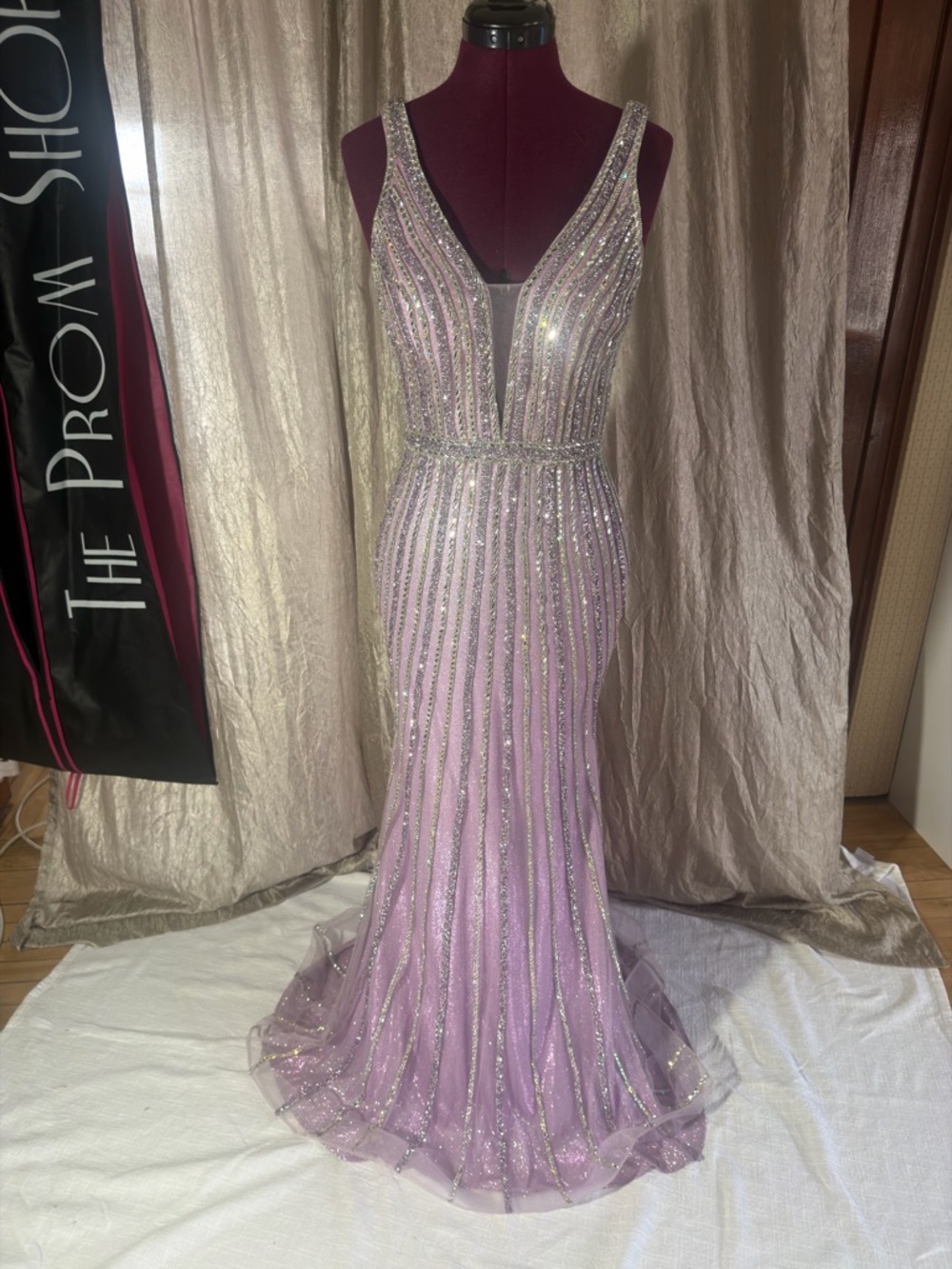 Elegant Lilac Beaded V-Neck Evening Gown